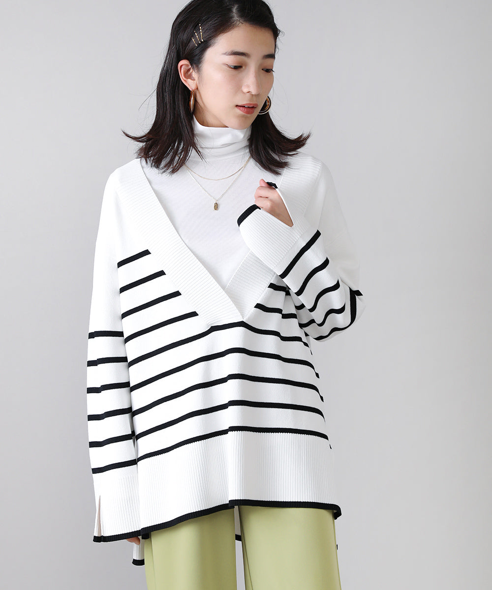 Vネックボーダーニットトップス