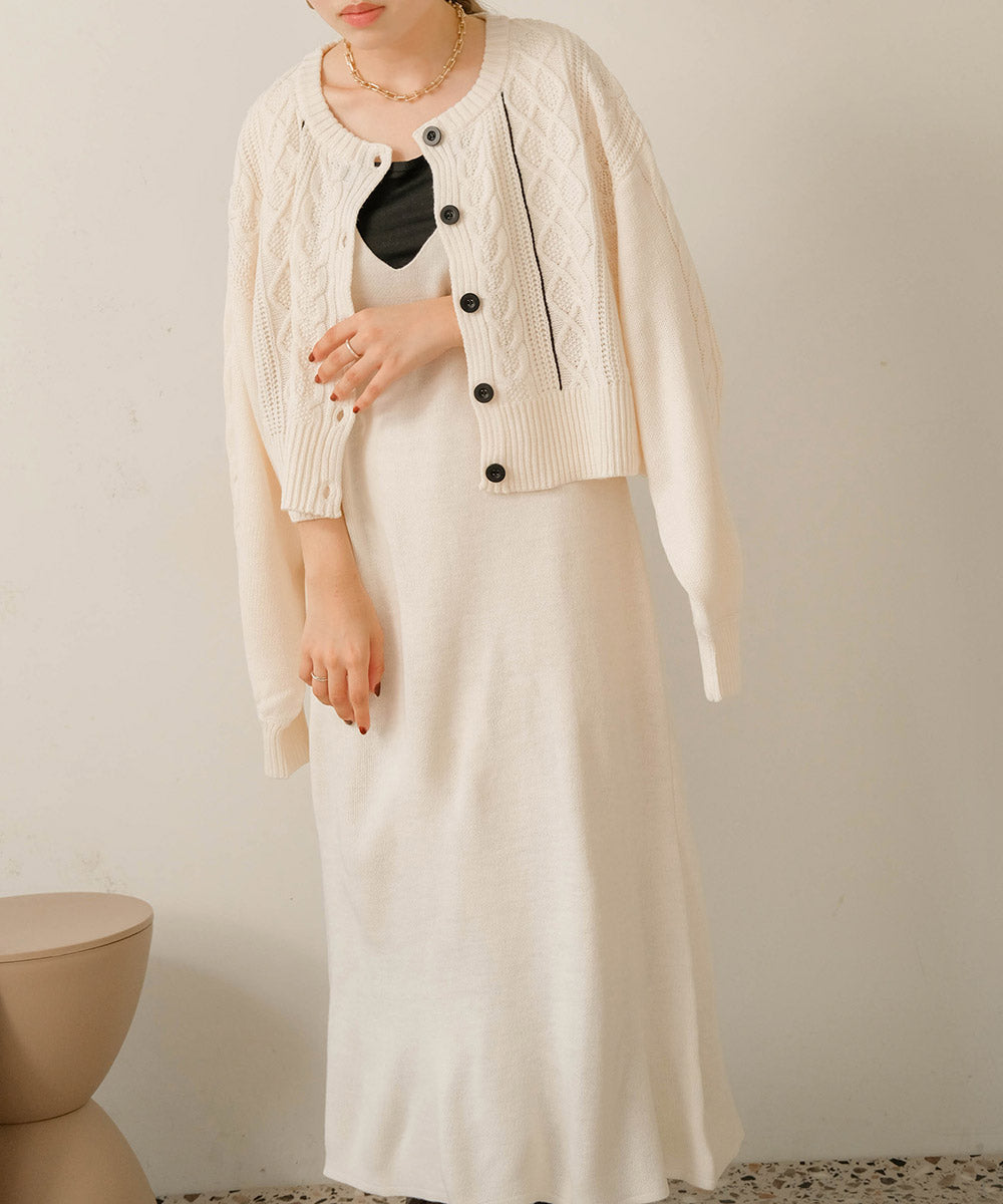ケーブルカーデ+ジャンパーワンピースセット