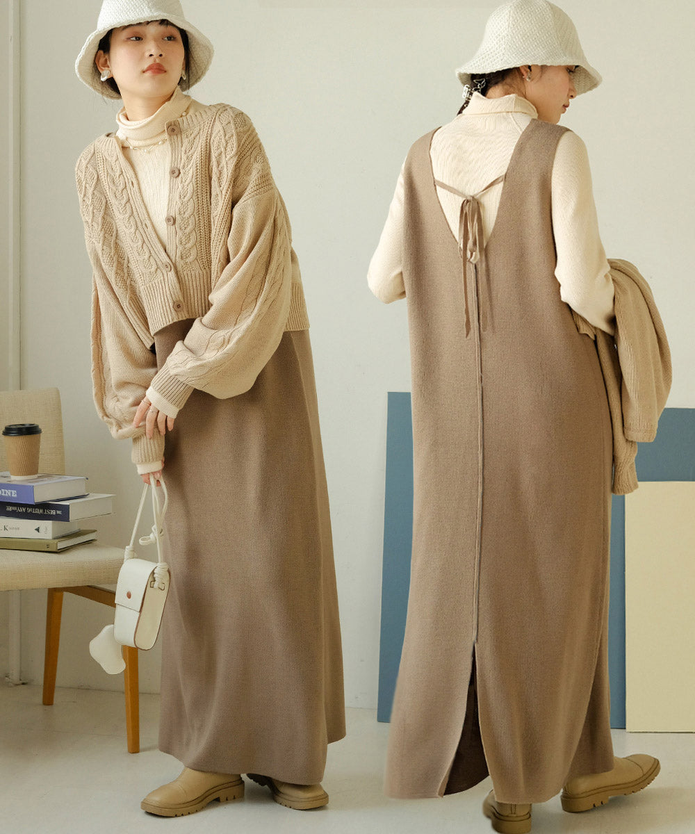 ケーブルカーデ+ジャンパーワンピースセット