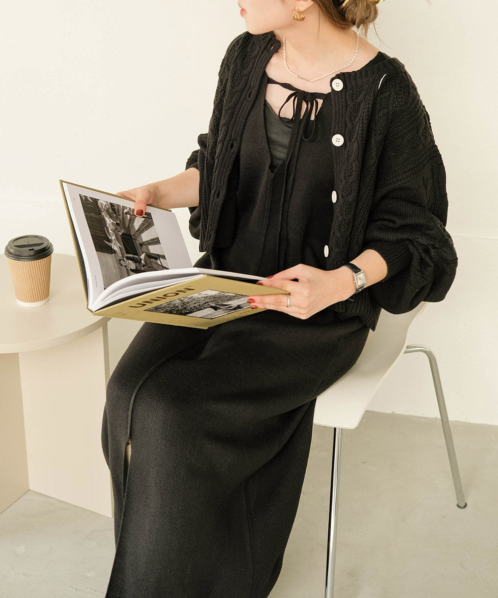 ケーブルカーデ+ジャンパーワンピースセット