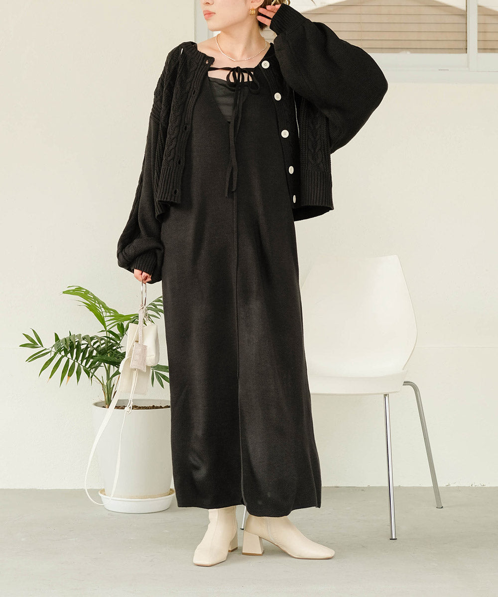 ケーブルカーデ+ジャンパーワンピースセット