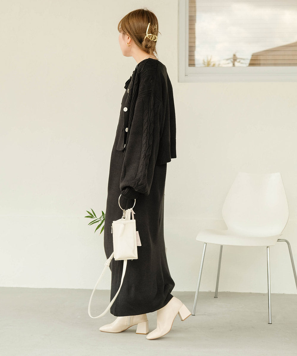 ケーブルカーデ+ジャンパーワンピースセット