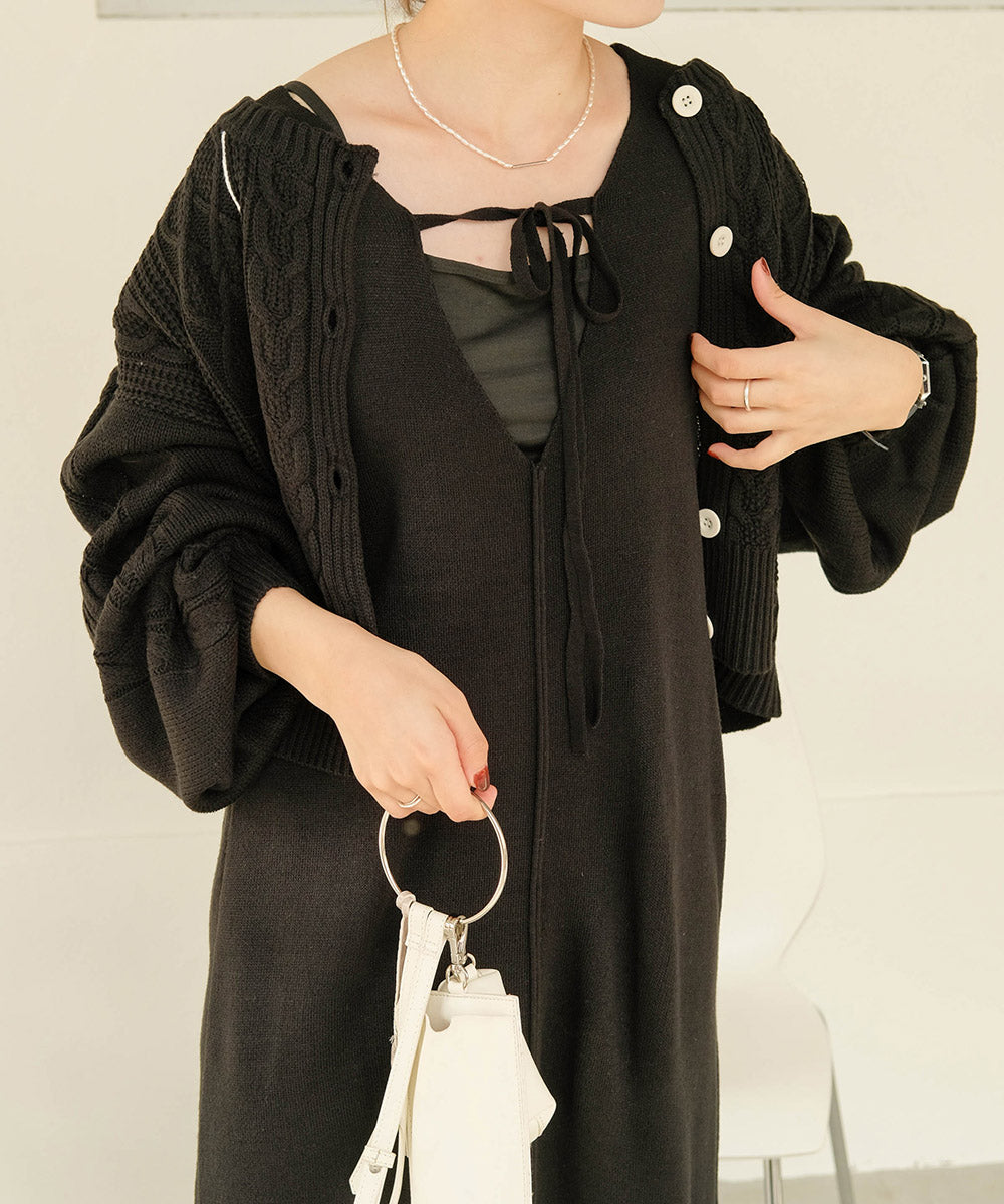 ケーブルカーデ+ジャンパーワンピースセット