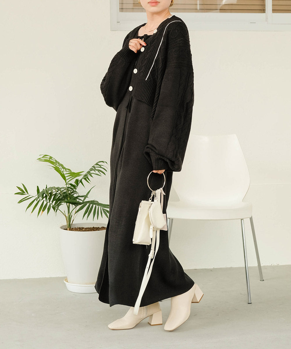 【3サイズから選べる】クロップドケーブルカーデ×ジャンパーワンピースセット