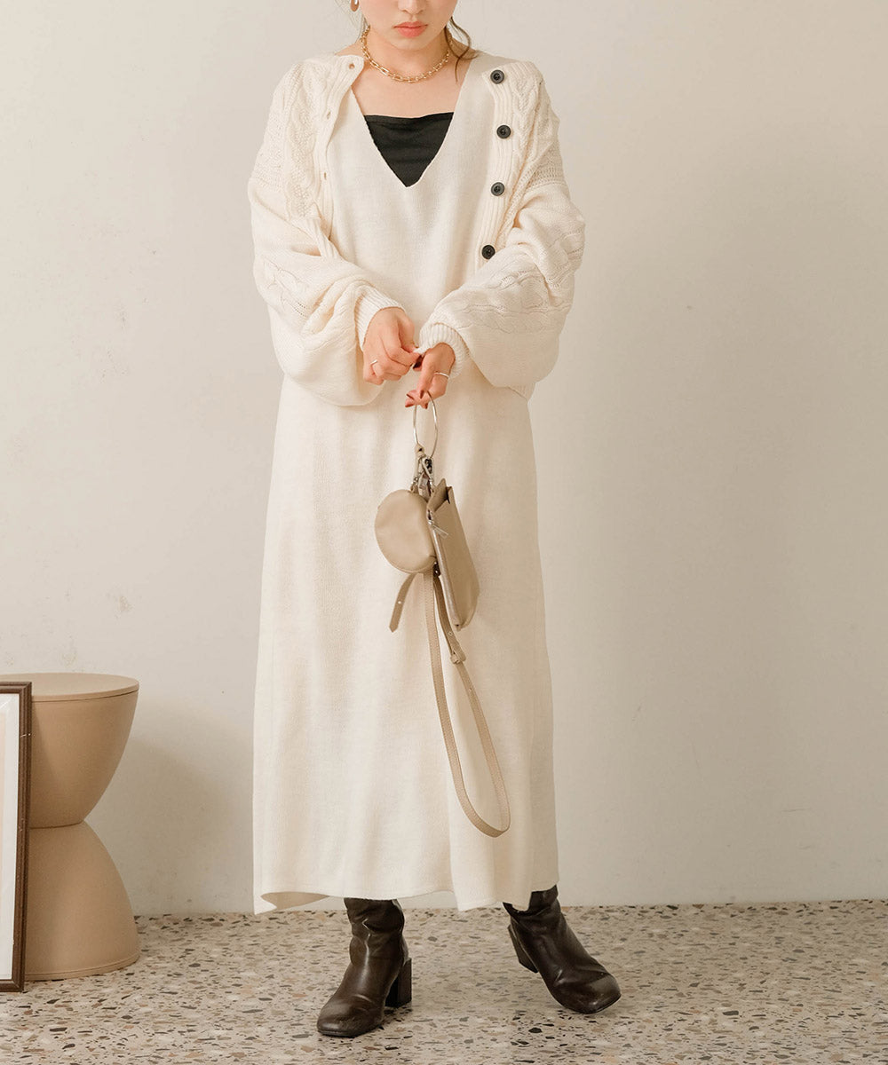 ケーブルカーデ+ジャンパーワンピースセット