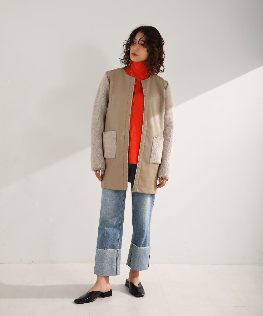 BouJeloud フェイクレザーミラノリブニットコート