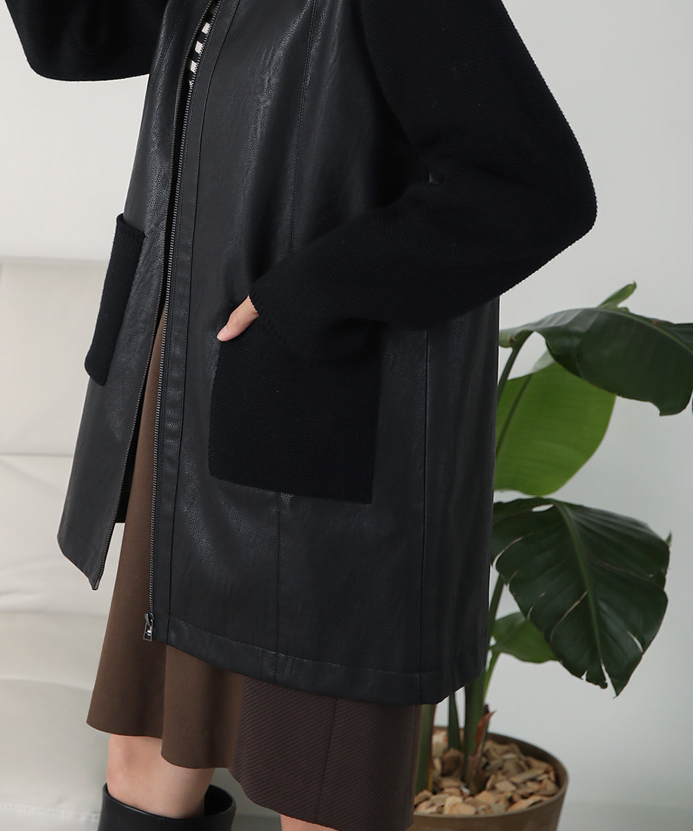 BouJeloud フェイクレザーミラノリブニットコート