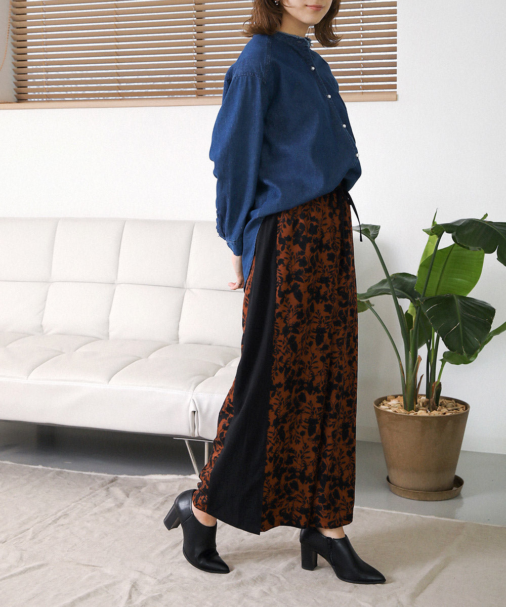 BouJeloud 単色花柄配色スリットパンツ