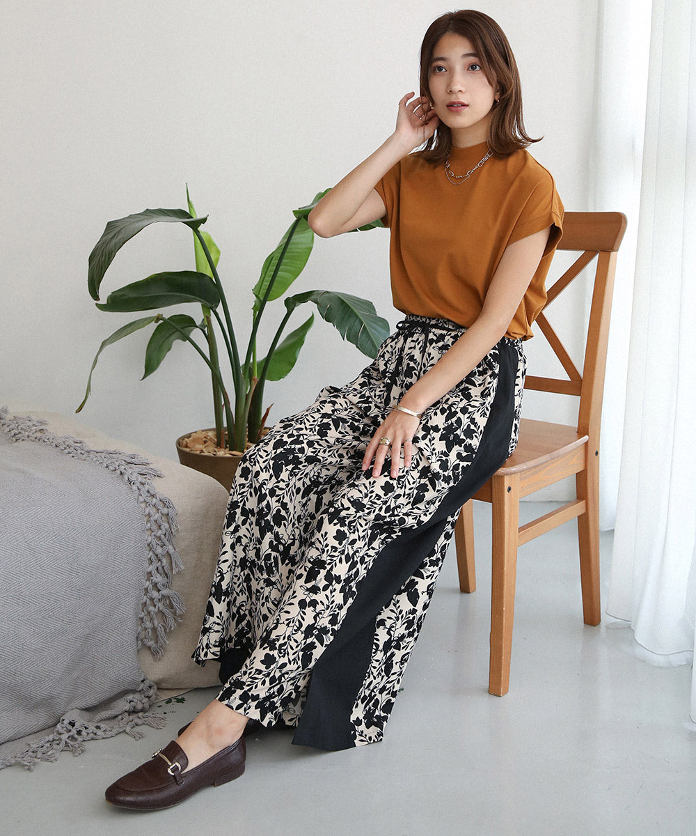 BouJeloud 単色花柄配色スリットパンツ