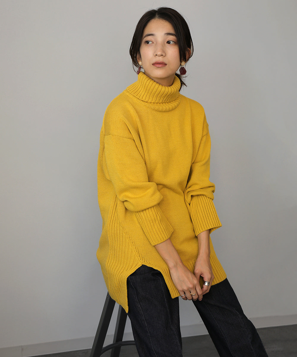 BouJeloud ウォッシャブルサイドリブスリットタートルトップス