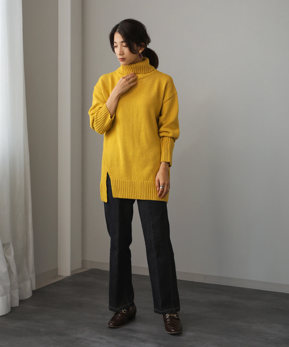 BouJeloud ウォッシャブルサイドリブスリットタートルトップス