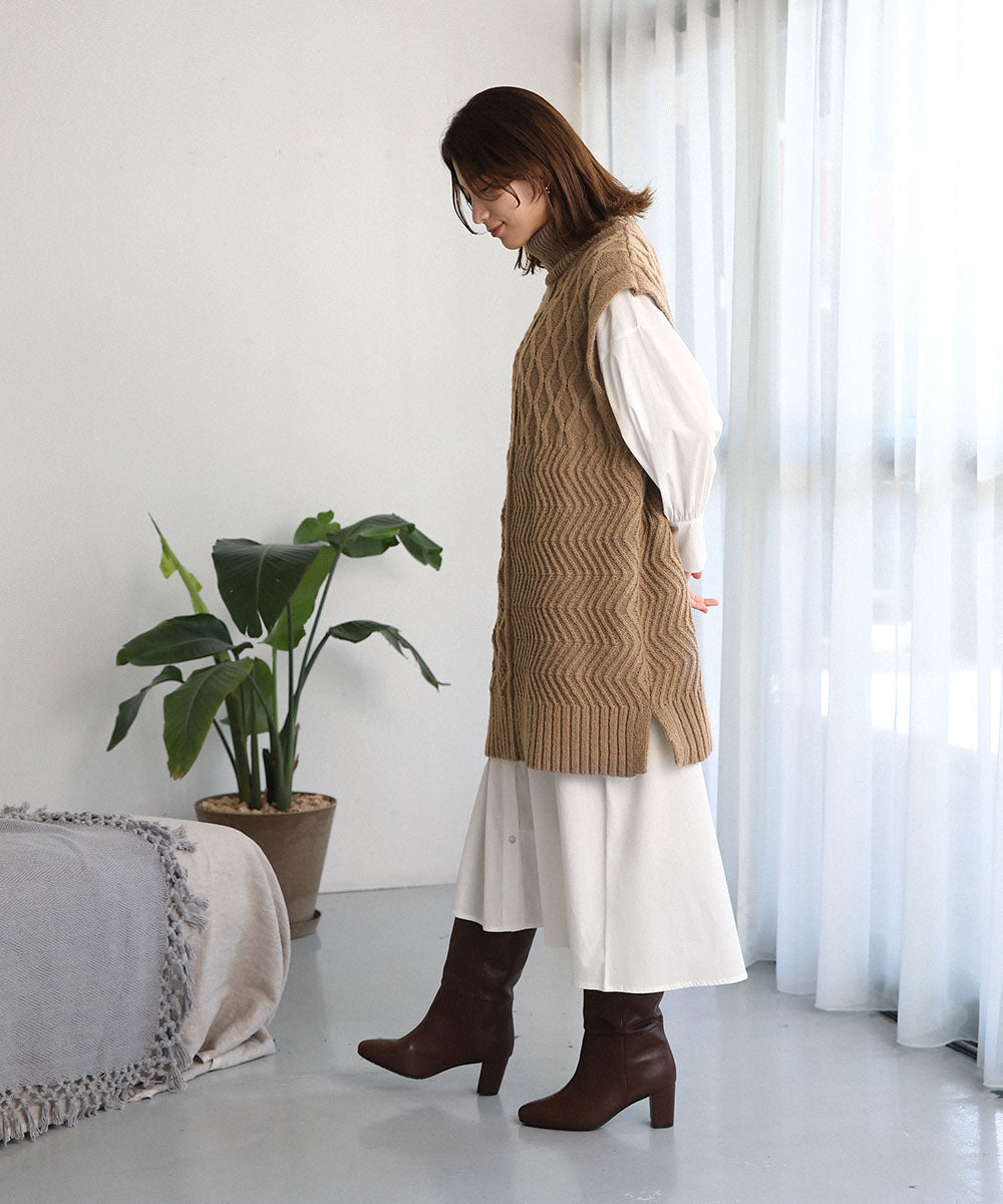 BouJeloud 柄ニットトップス×裾フレアシャツワンピース