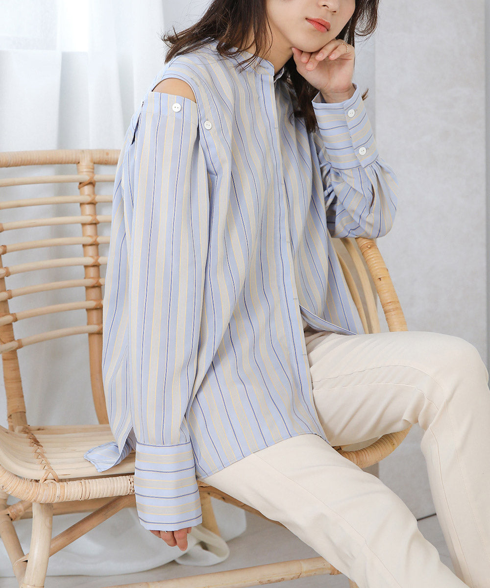 釦スリーブストライプシャツ