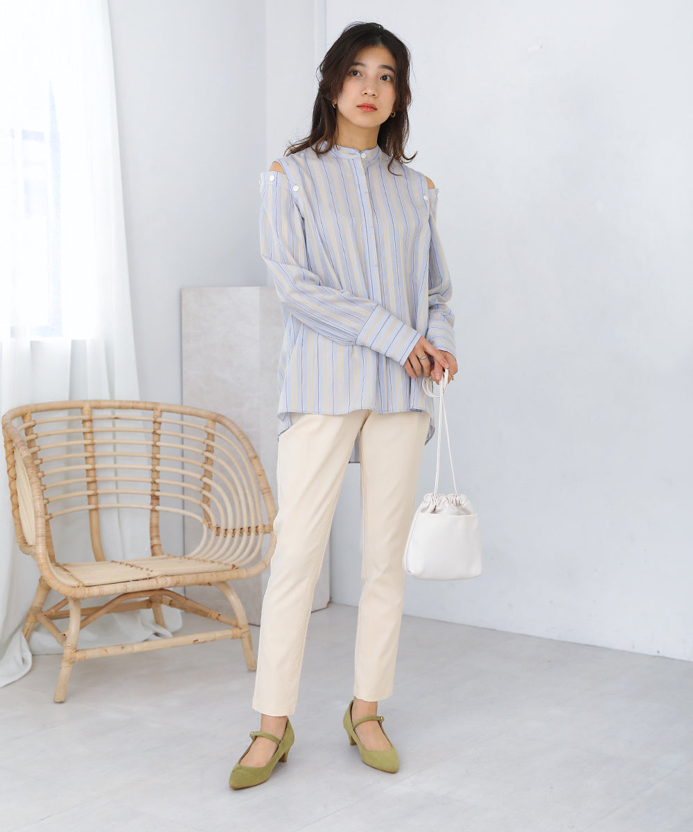 釦スリーブストライプシャツ