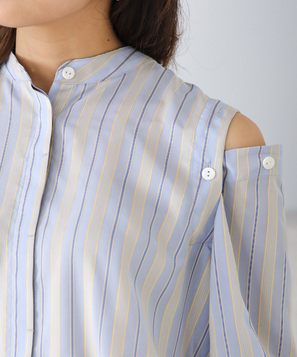 釦スリーブストライプシャツ