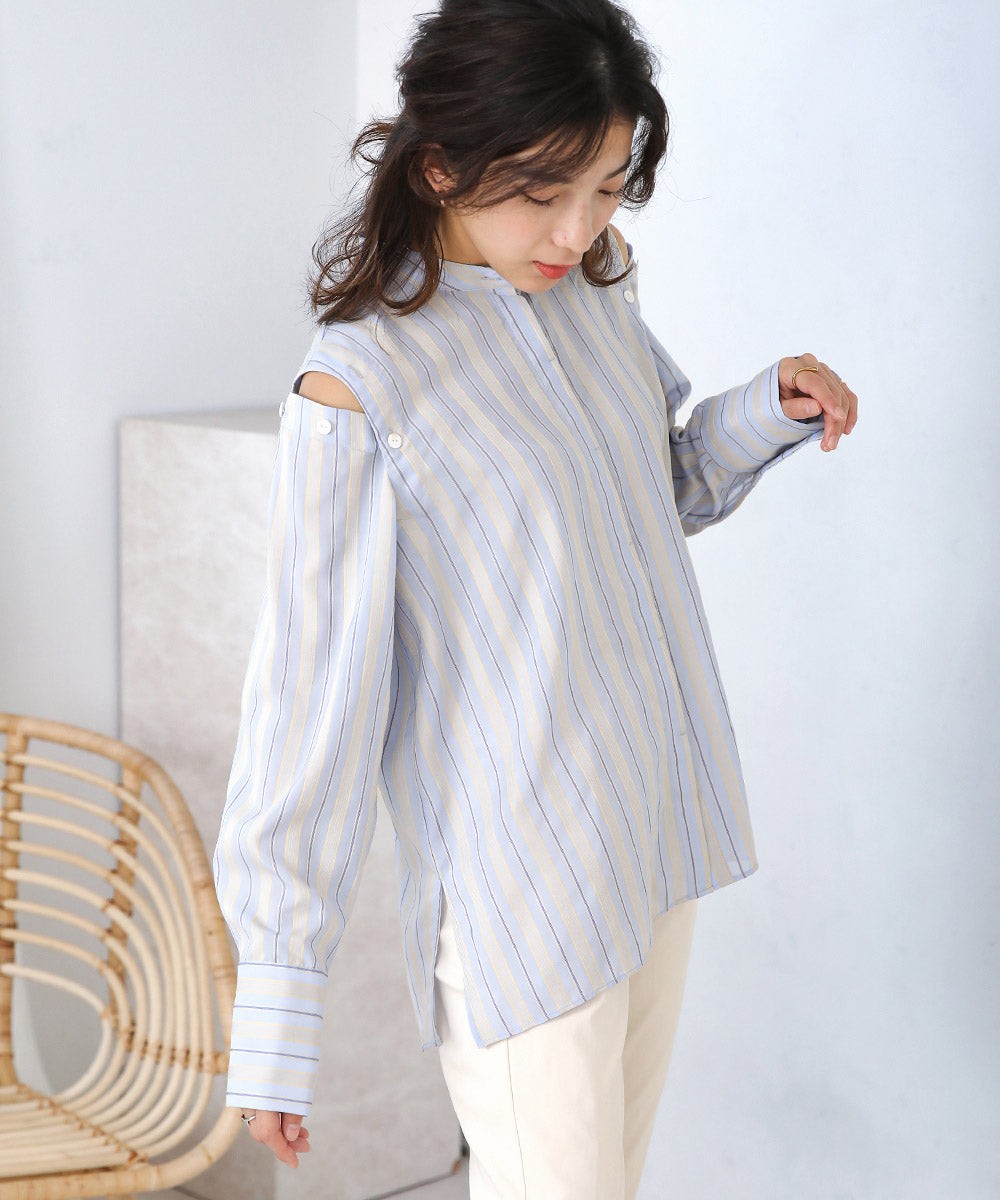 釦スリーブストライプシャツ