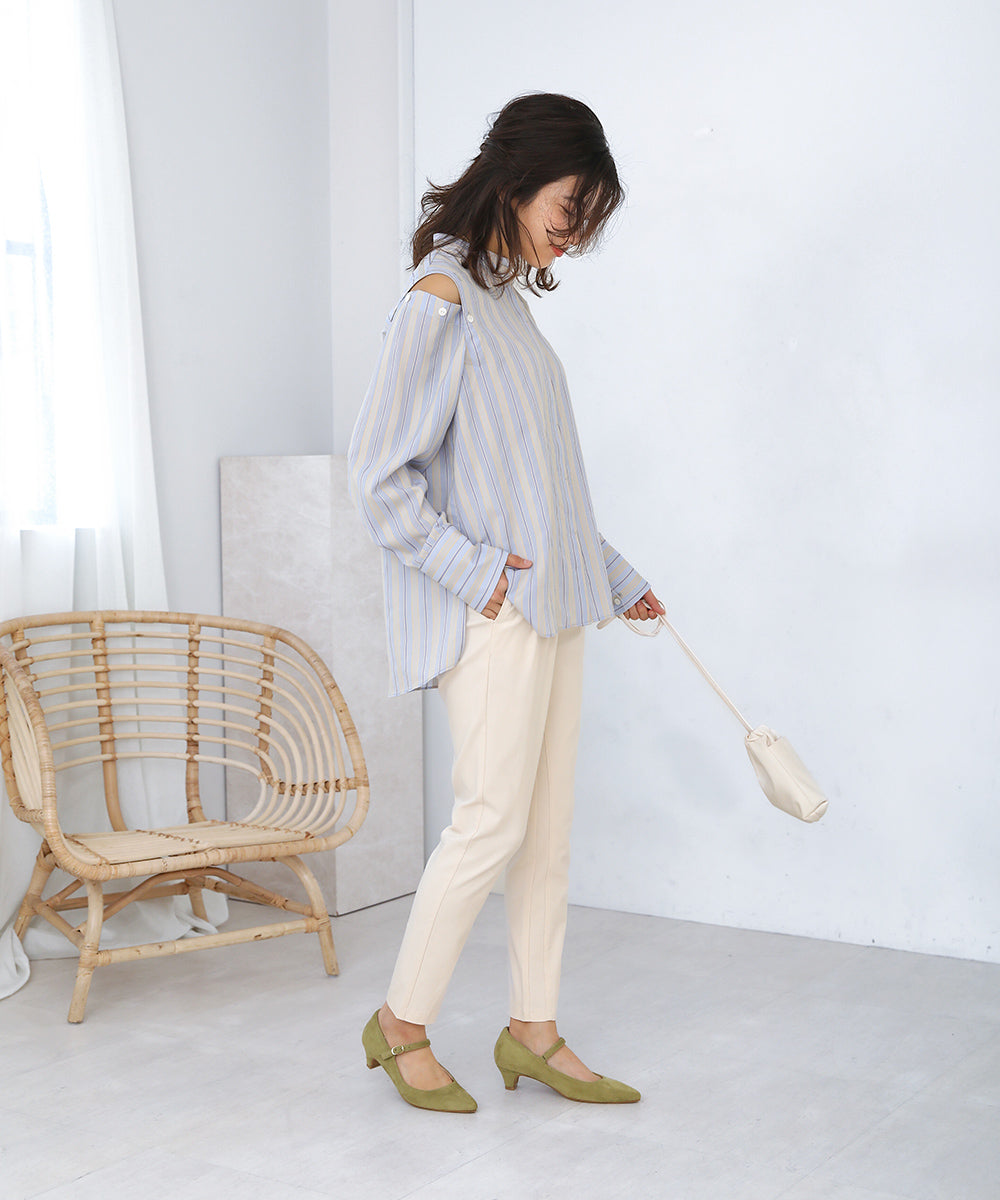 釦スリーブストライプシャツ