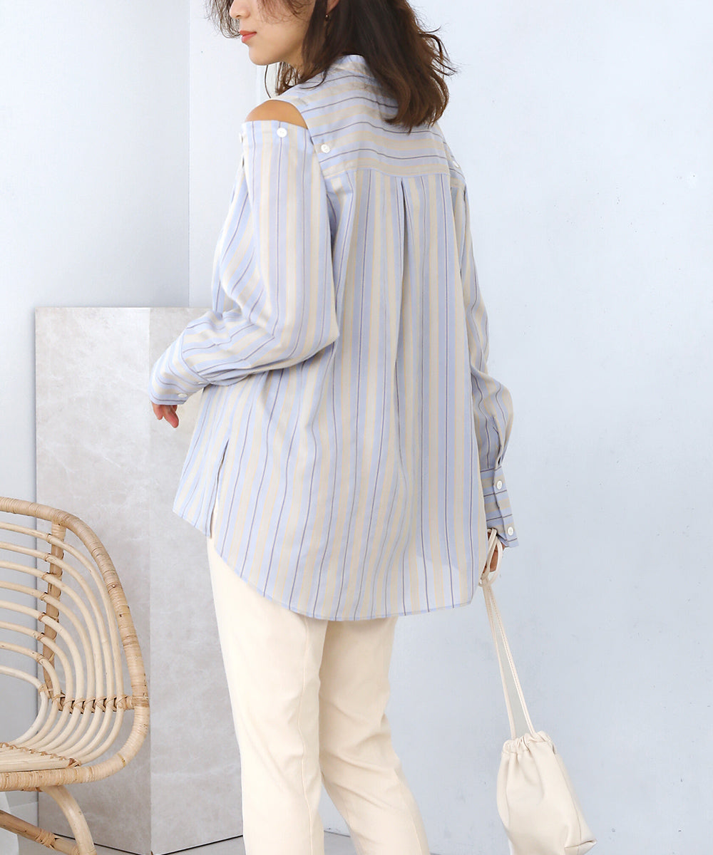 釦スリーブストライプシャツ