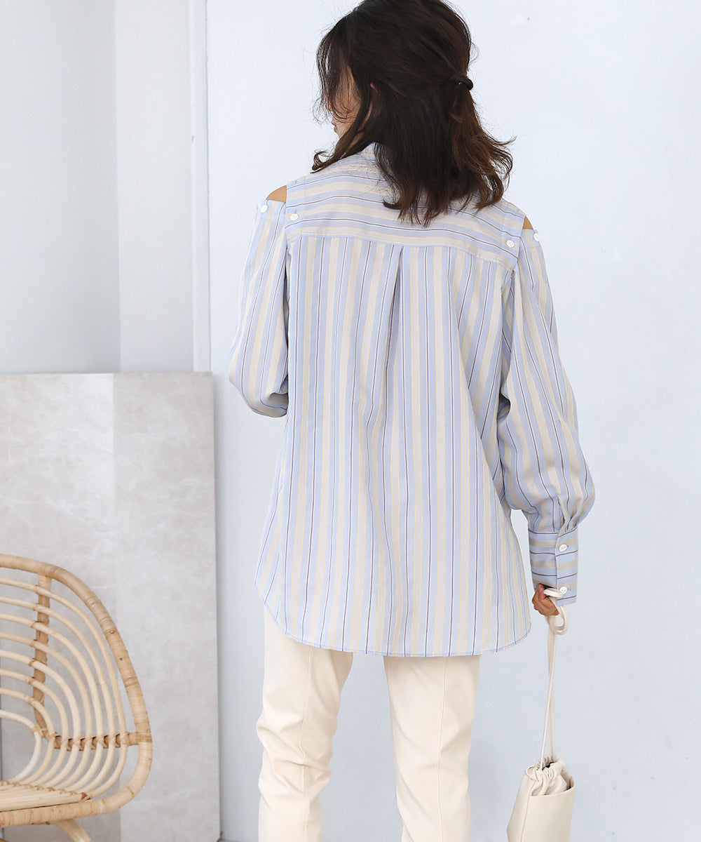 釦スリーブストライプシャツ