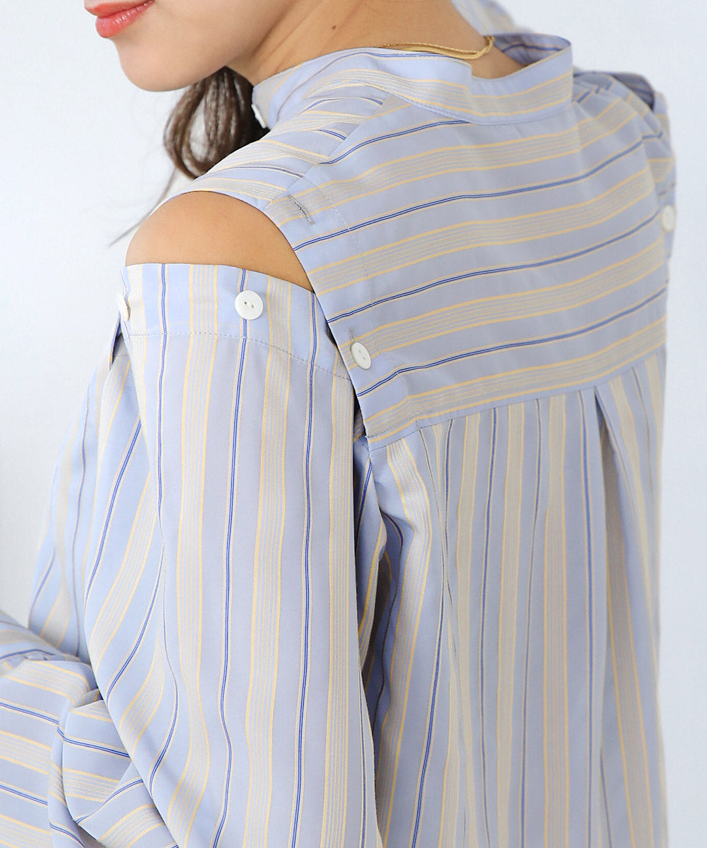 釦スリーブストライプシャツ