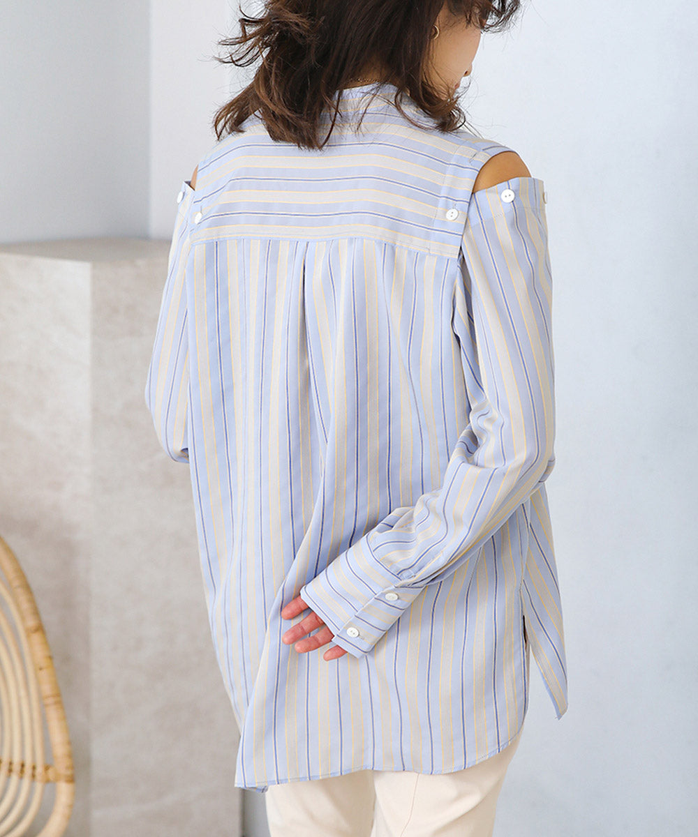 釦スリーブストライプシャツ