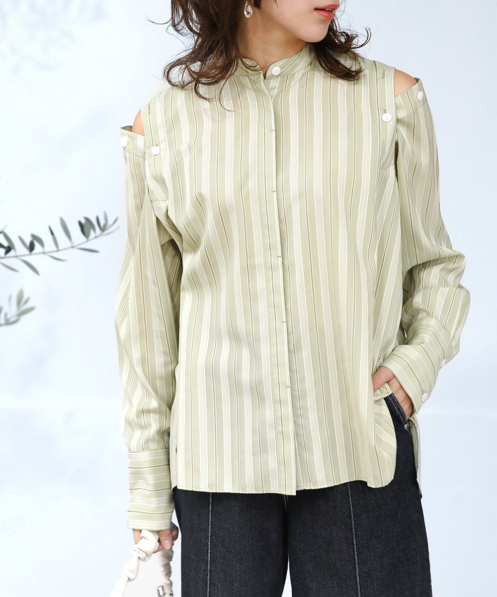 釦スリーブストライプシャツ