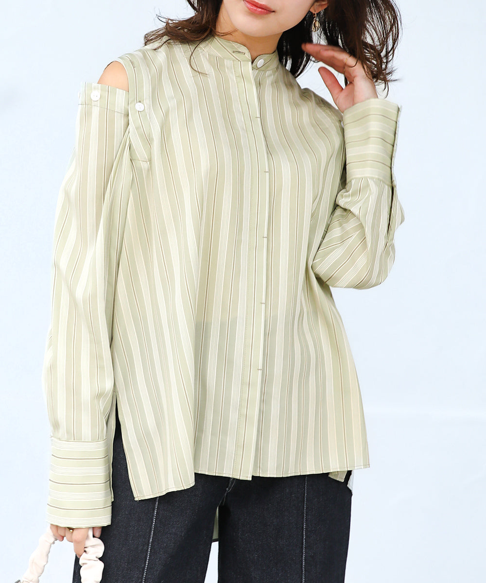 釦スリーブストライプシャツ