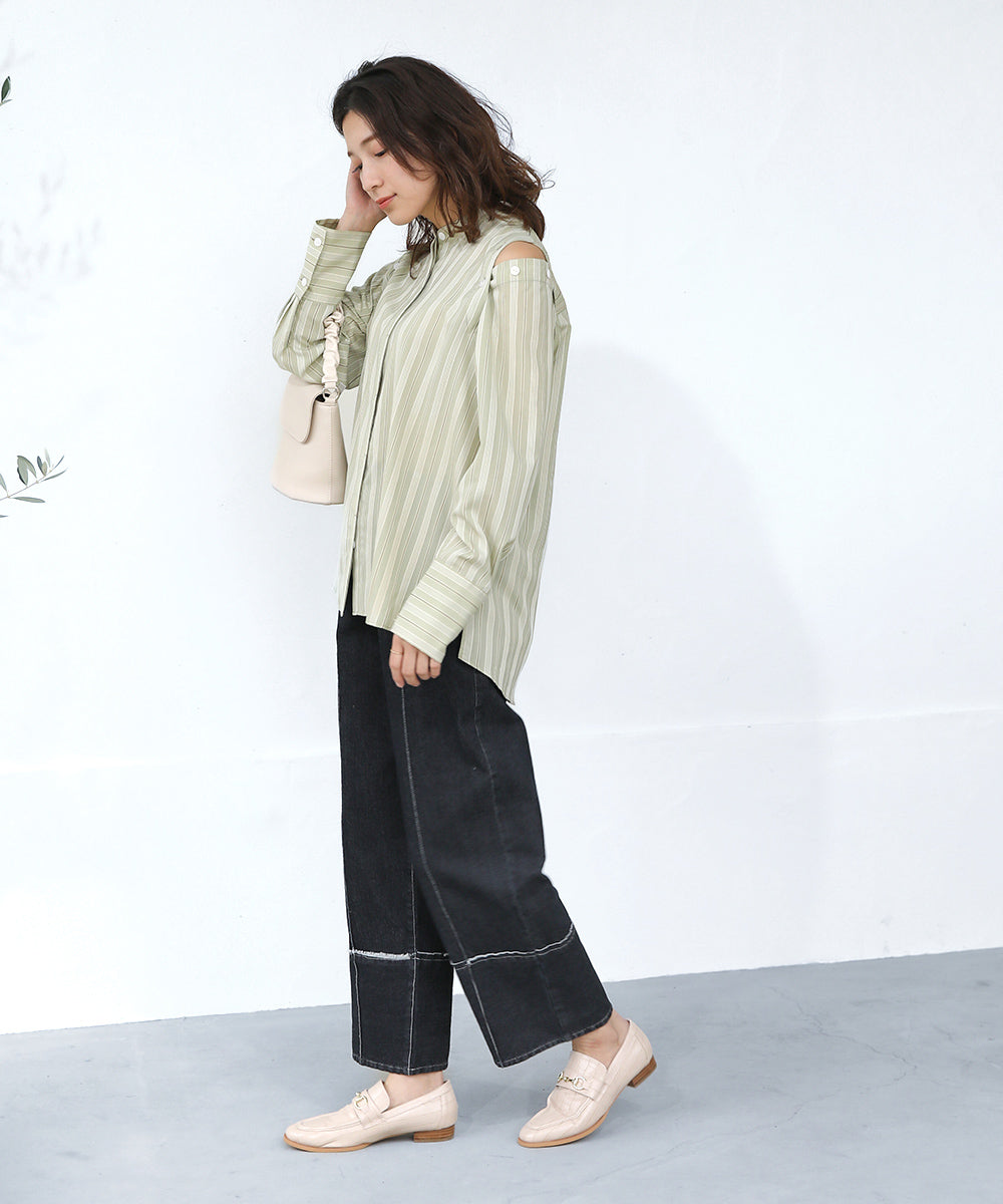 釦スリーブストライプシャツ