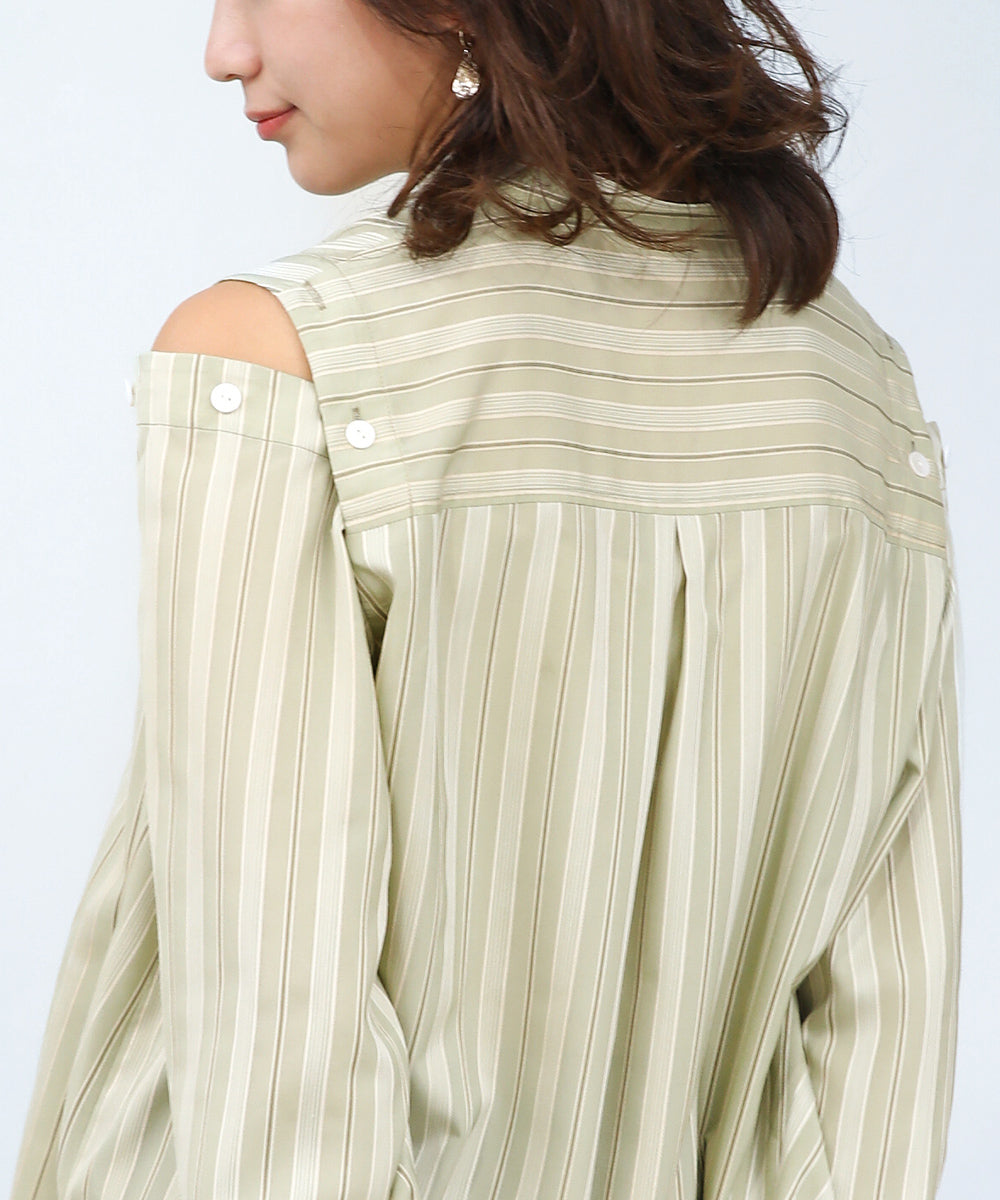 釦スリーブストライプシャツ