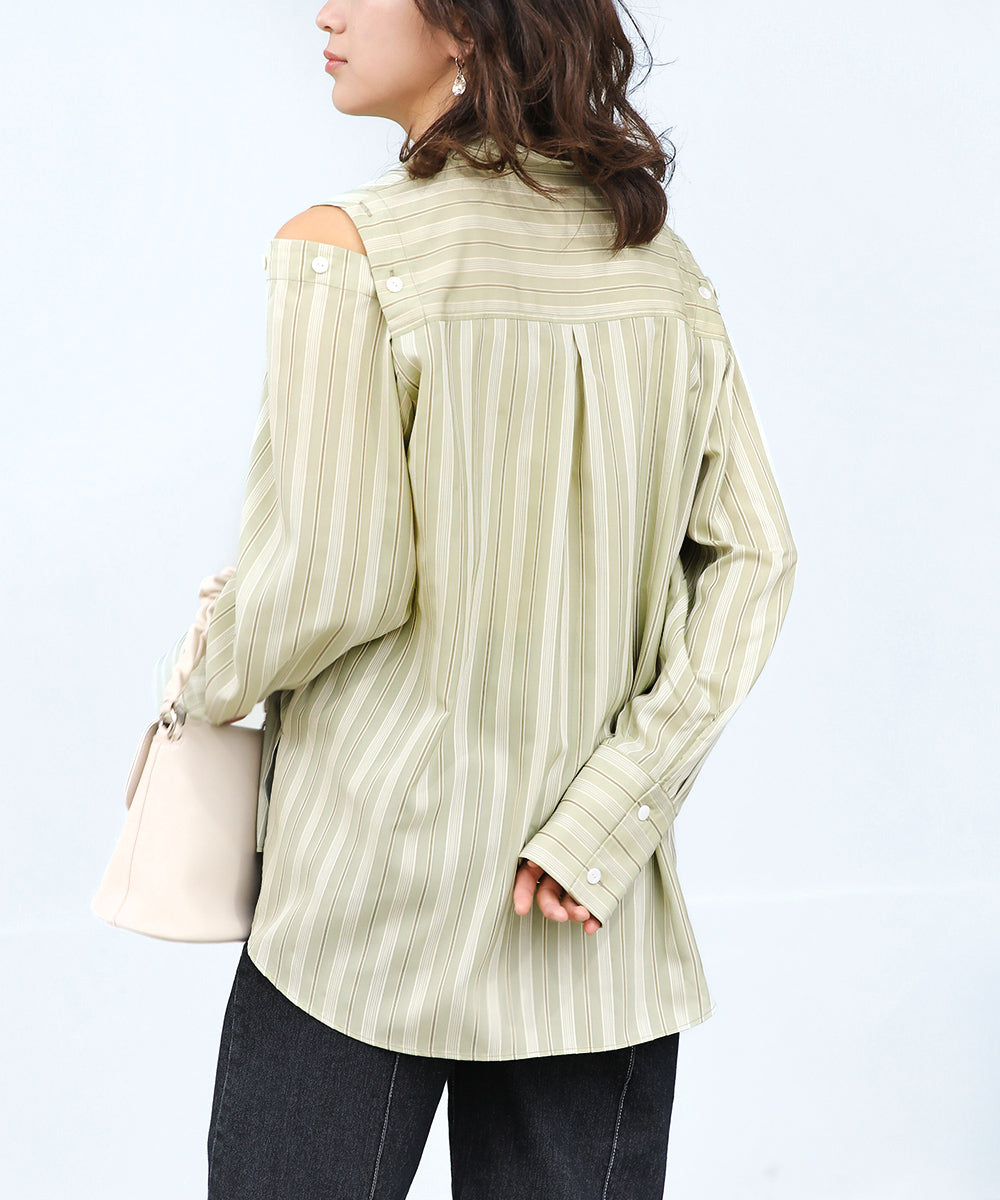 釦スリーブストライプシャツ