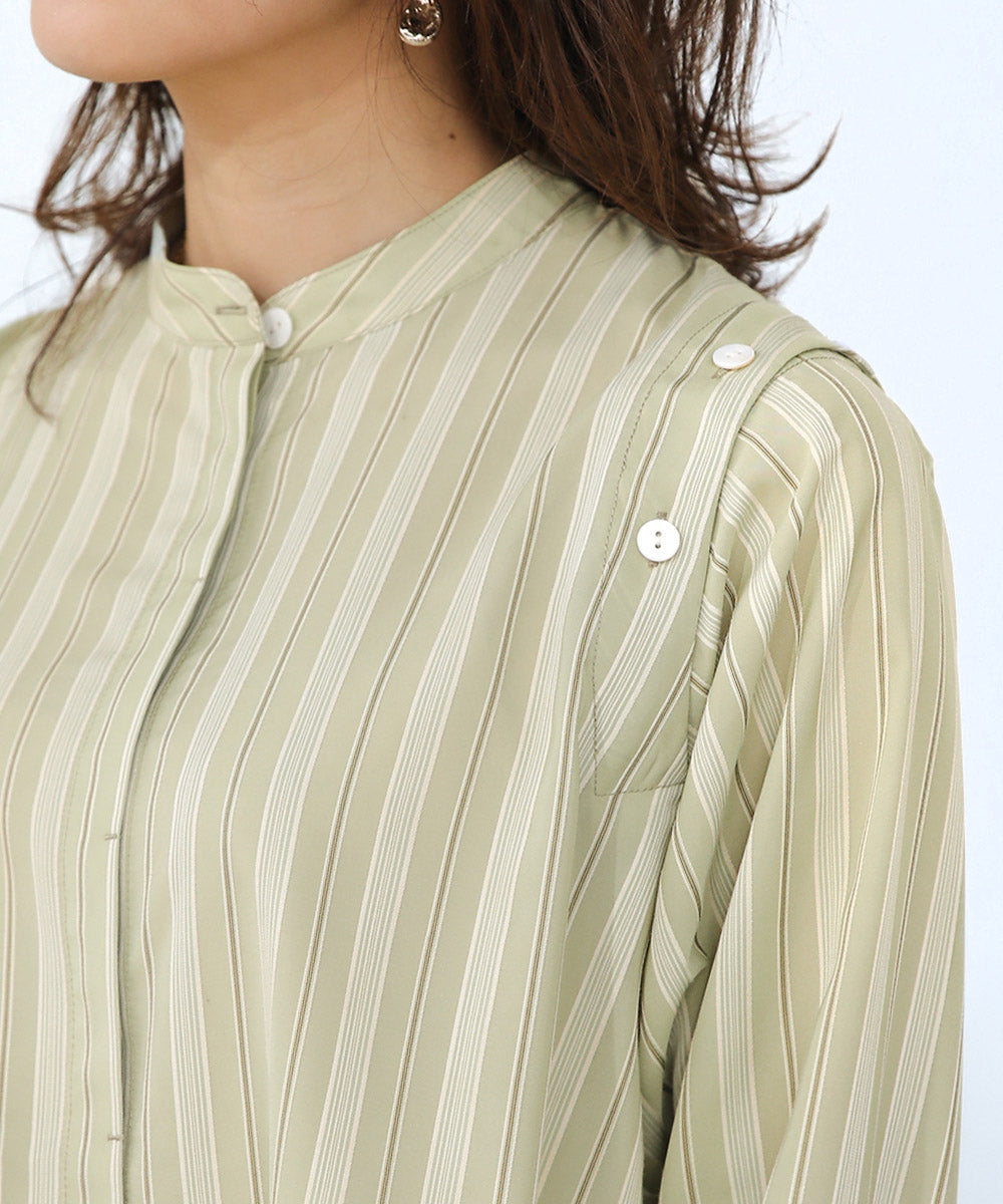 釦スリーブストライプシャツ