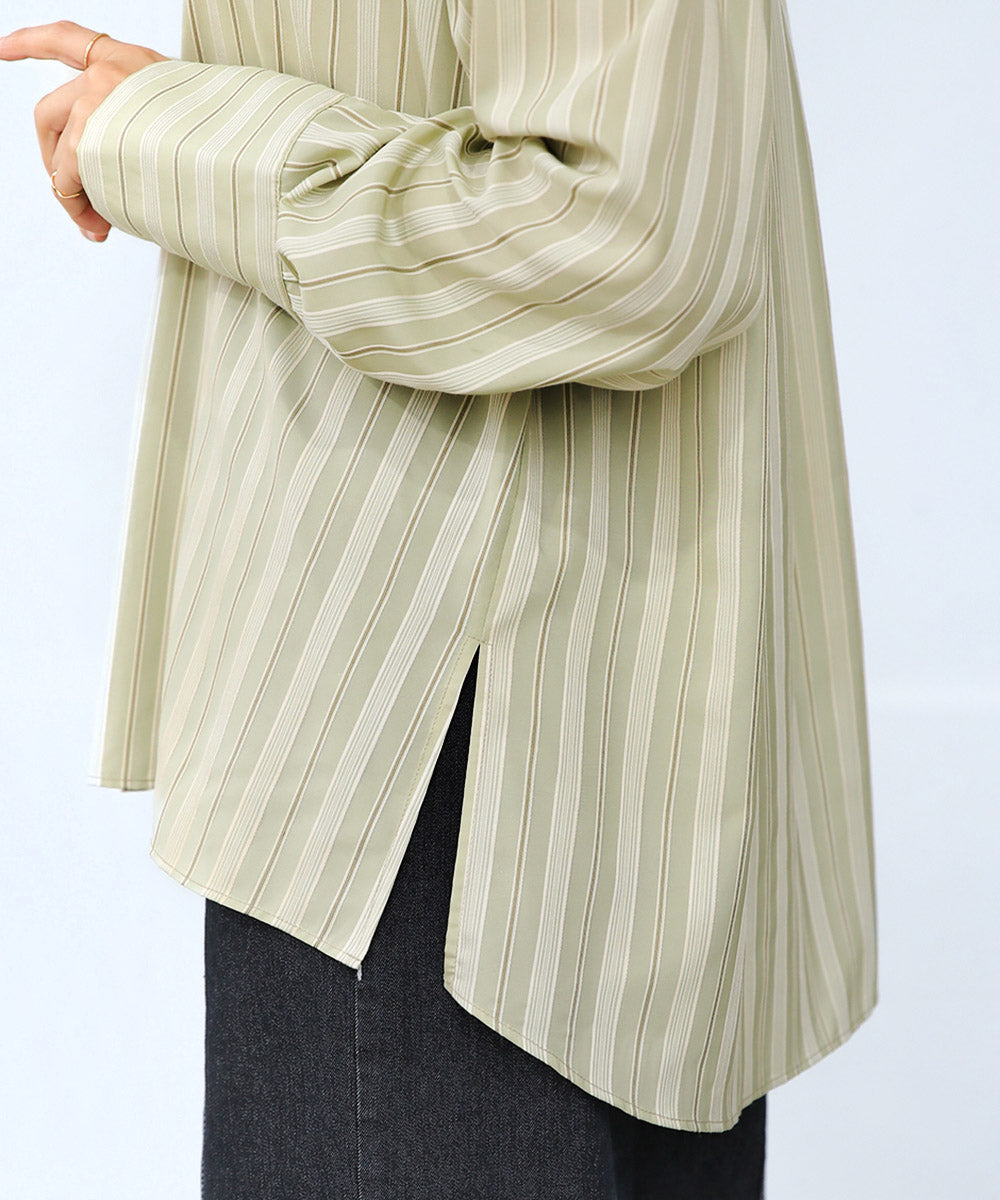 釦スリーブストライプシャツ