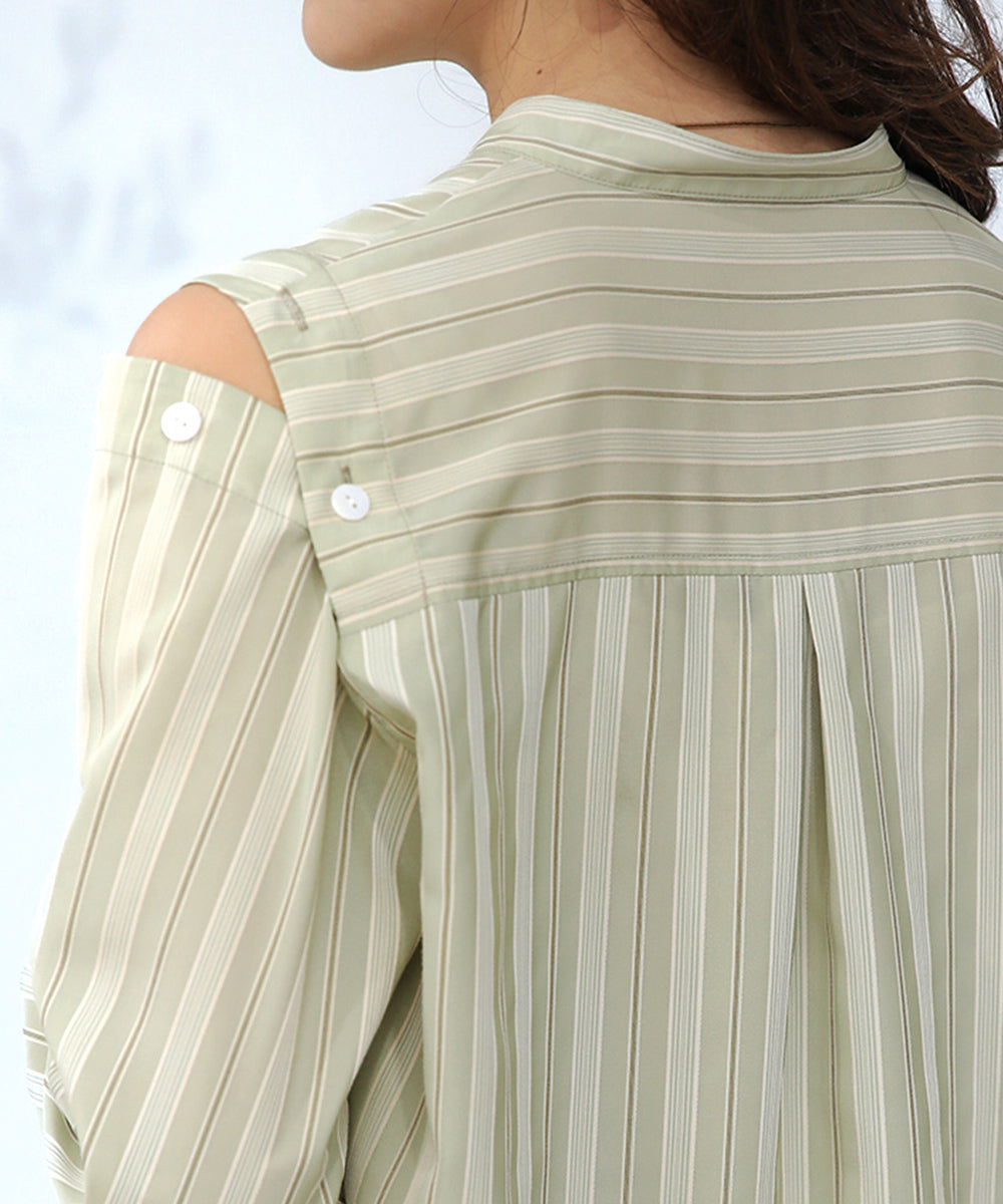 釦スリーブストライプシャツ
