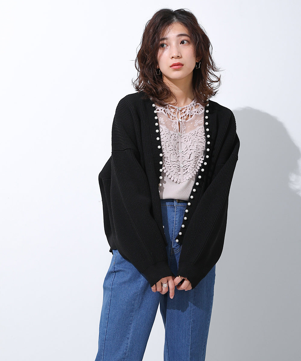 BouJeloud パール付ドルマンニットカーディガン