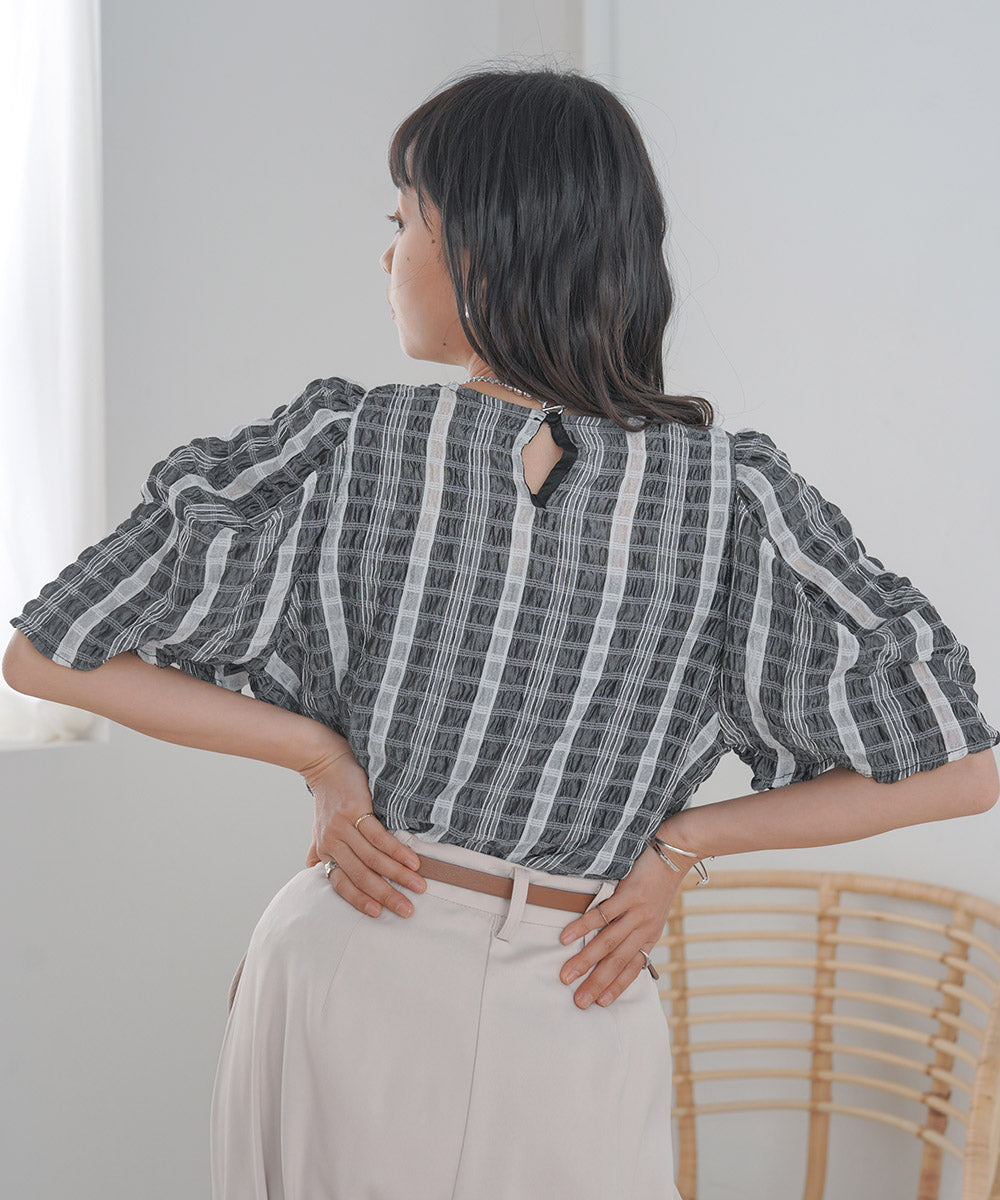 Bab シアーチェックパフスリーブブラウス