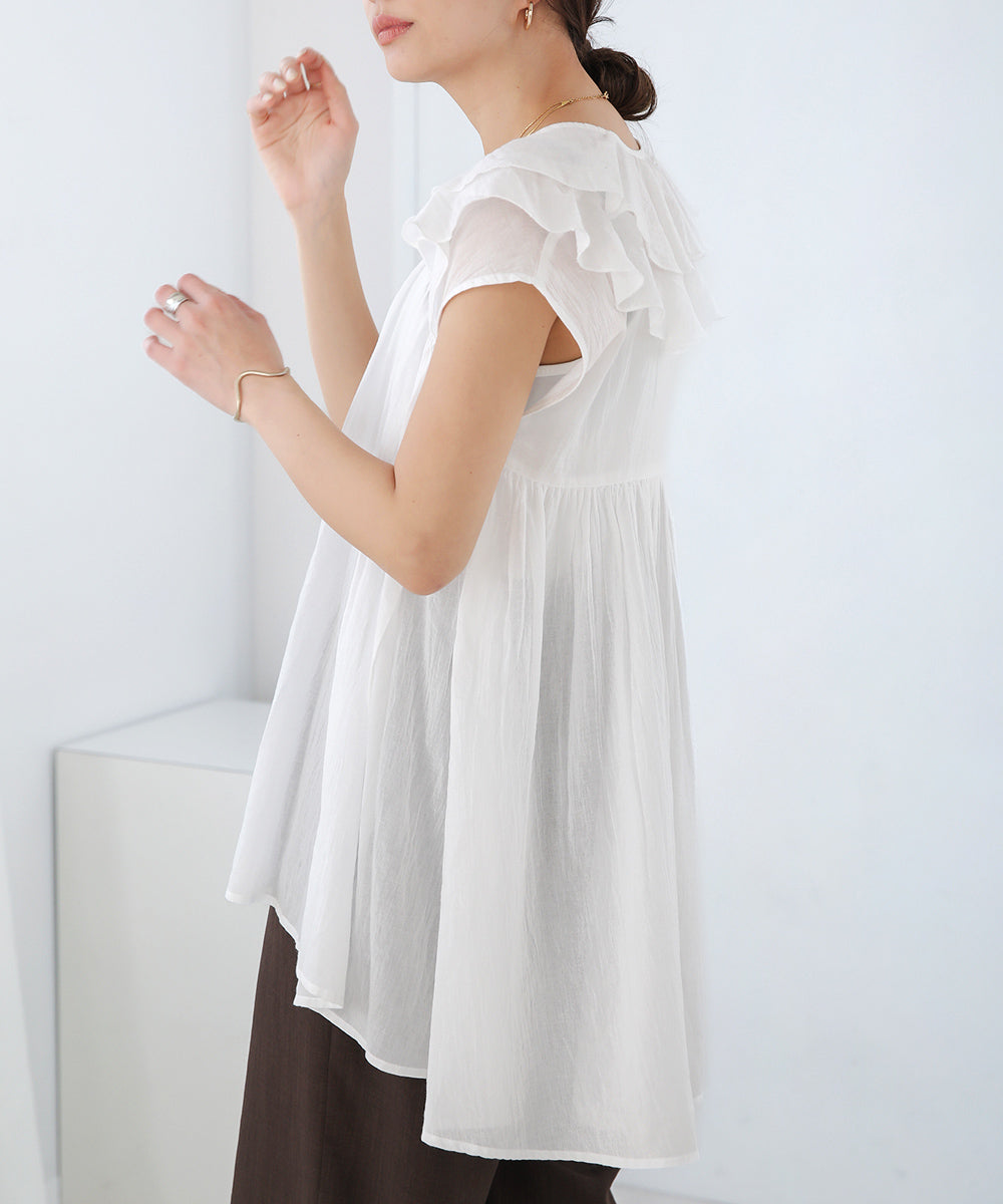 BouJeloud 綿ボイルラッフルカラーブラウス