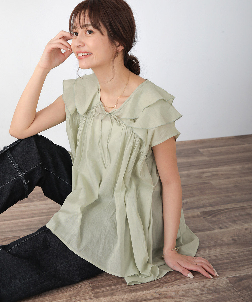 BouJeloud 綿ボイルラッフルカラーブラウス