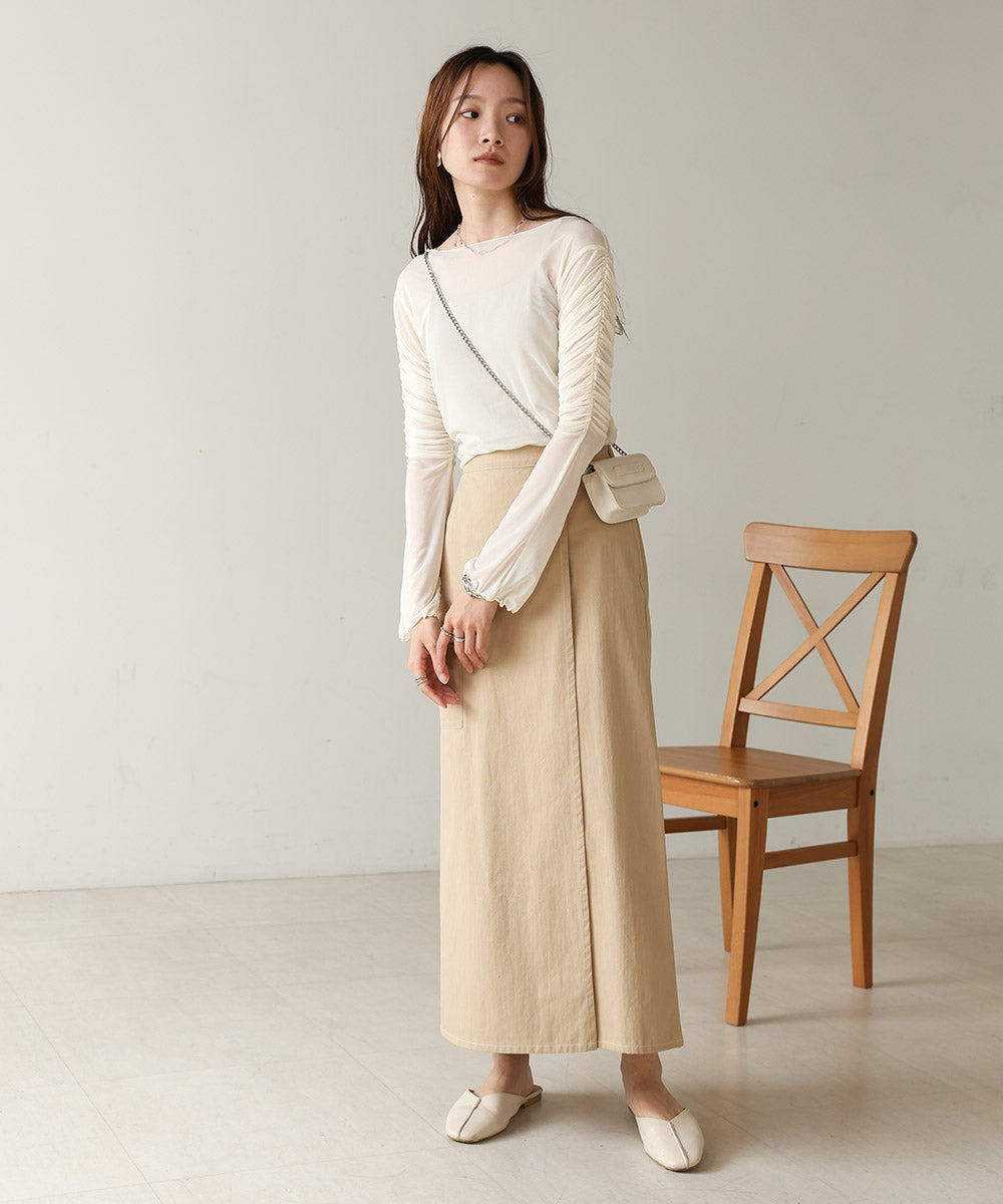 チュールギャザーフレアースリーブトップス