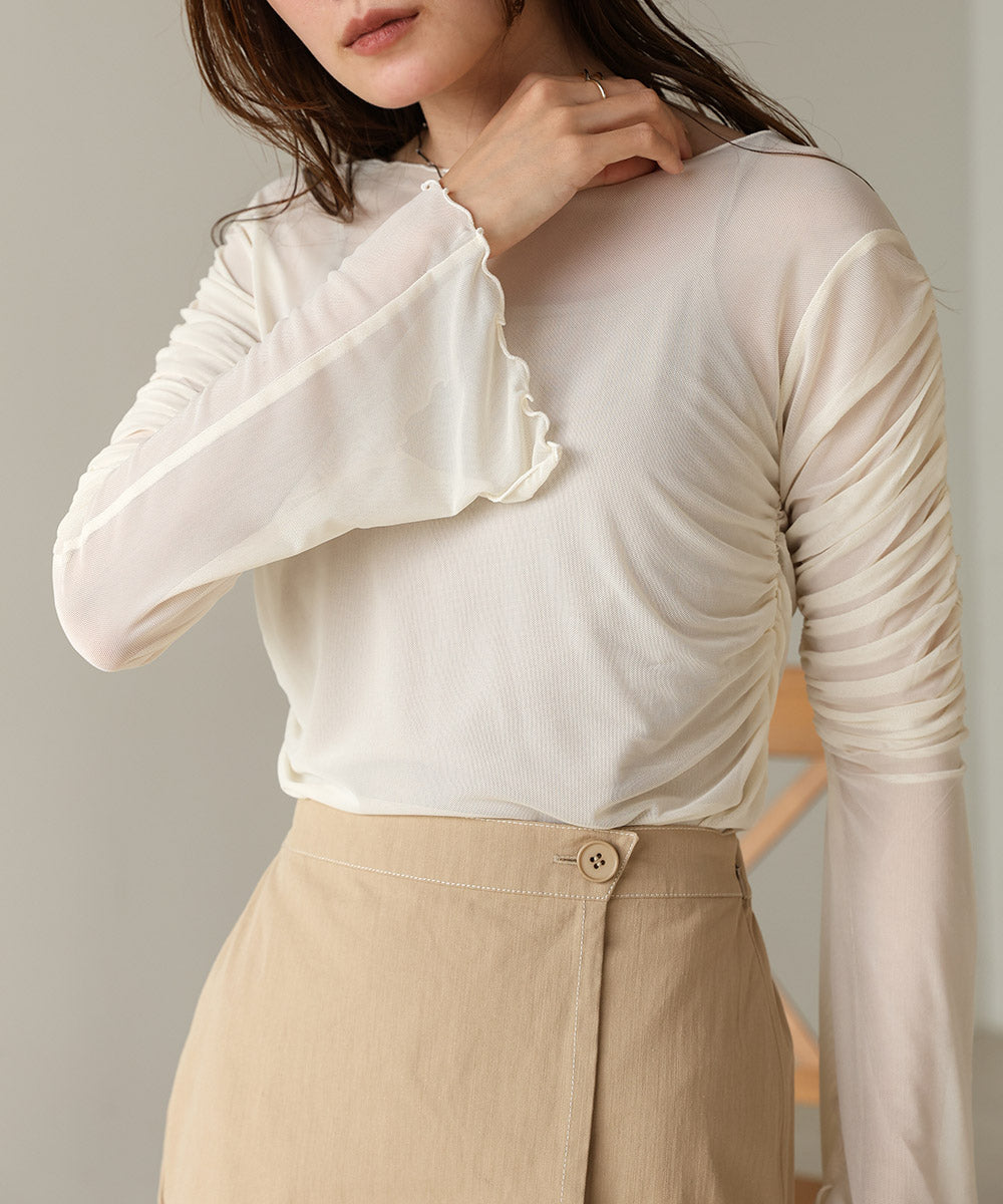 チュールギャザーフレアースリーブトップス