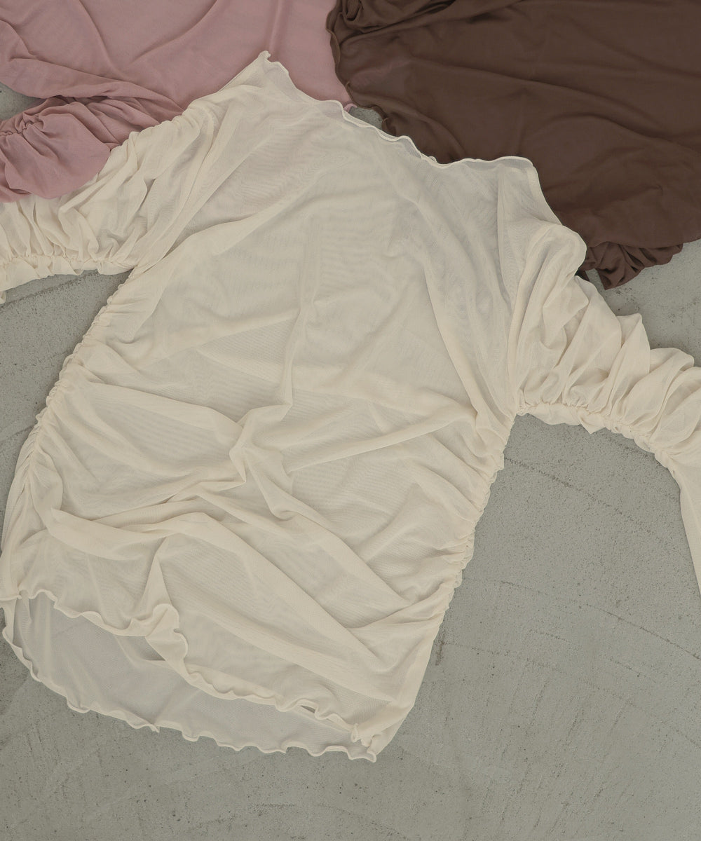 チュールギャザーフレアースリーブトップス