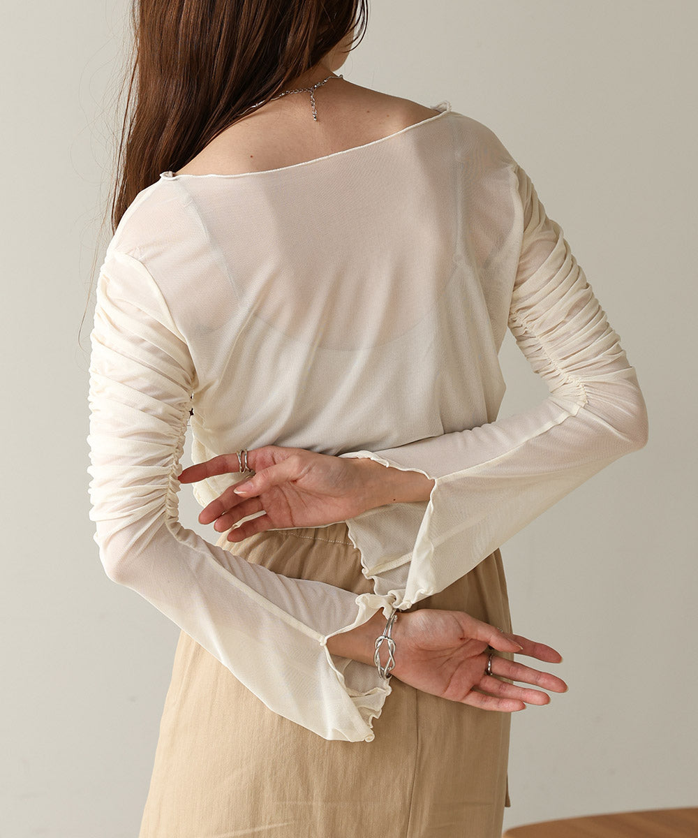 チュールギャザーフレアースリーブトップス