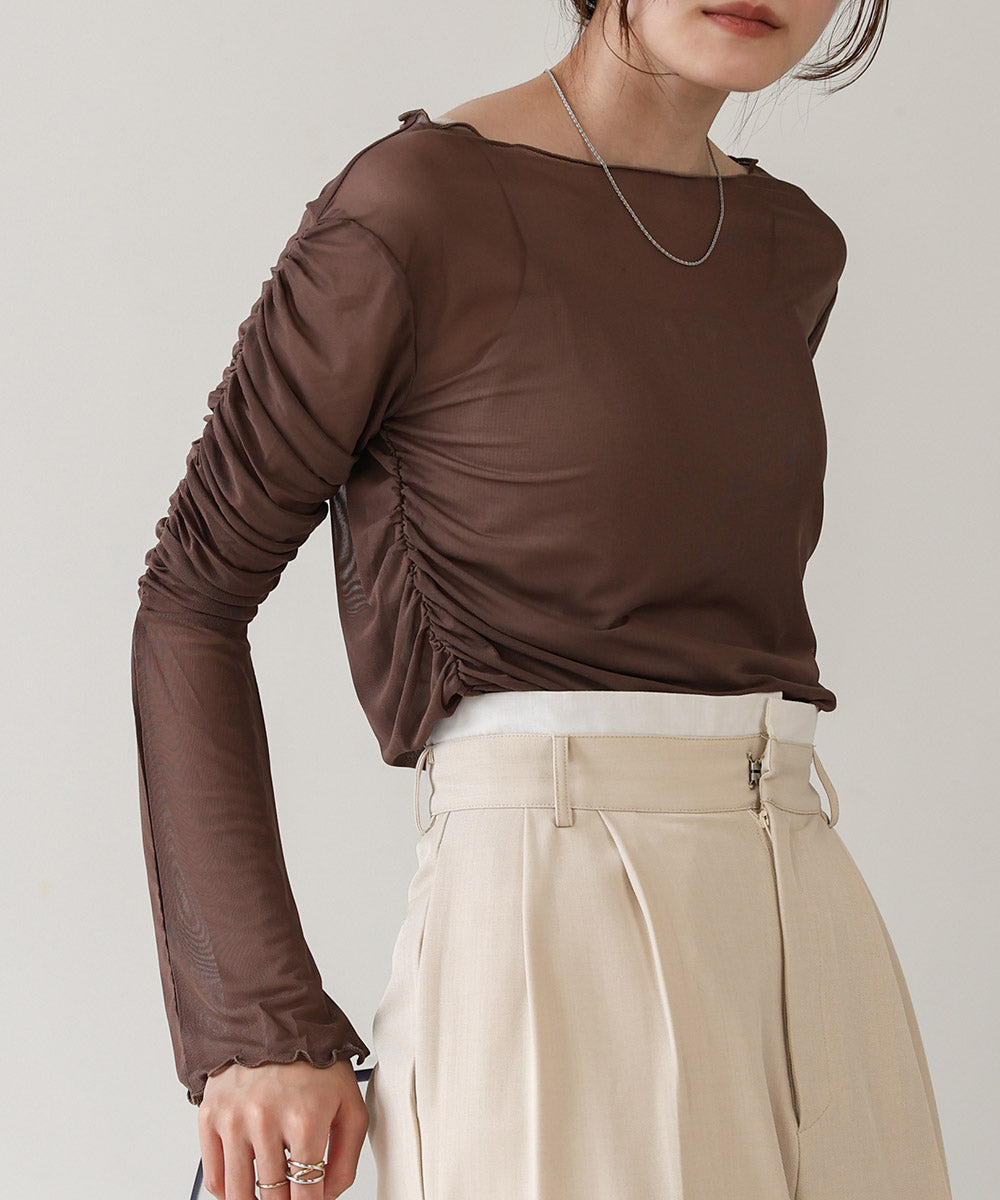 チュールギャザーフレアースリーブトップス