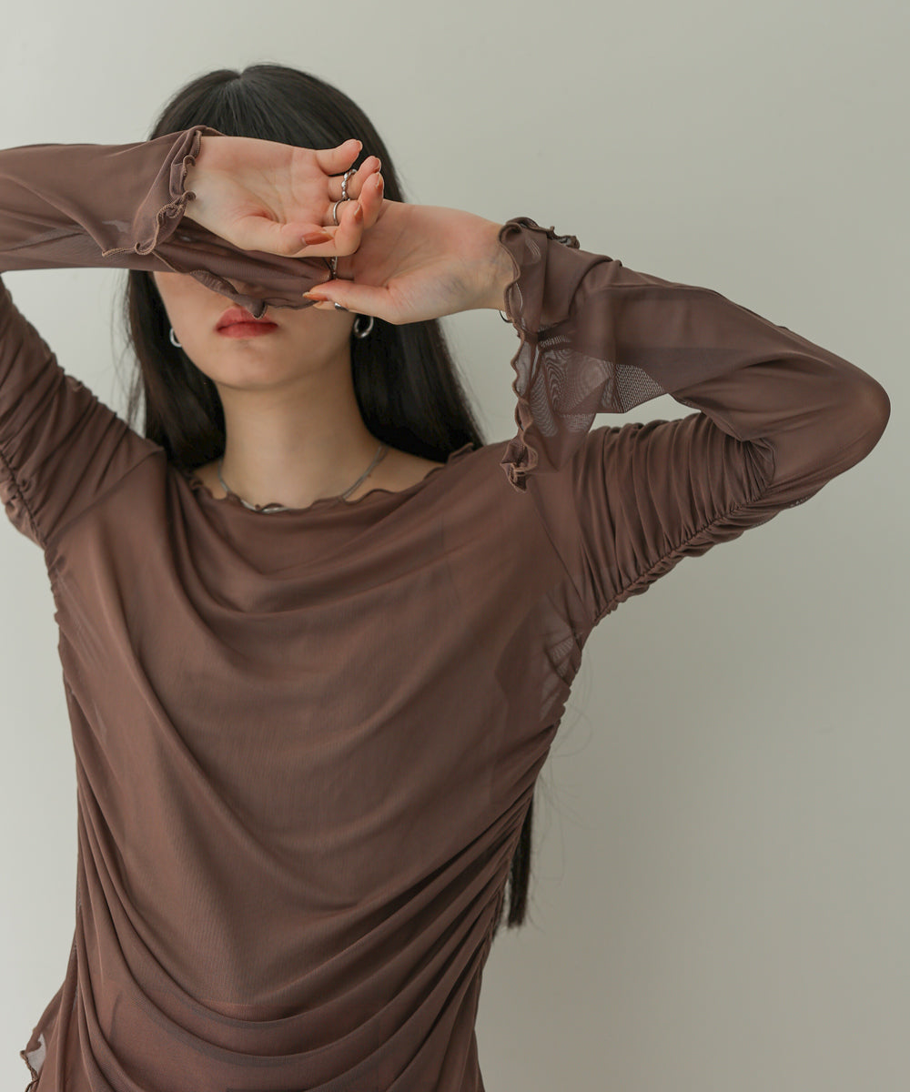 チュールギャザーフレアースリーブトップス