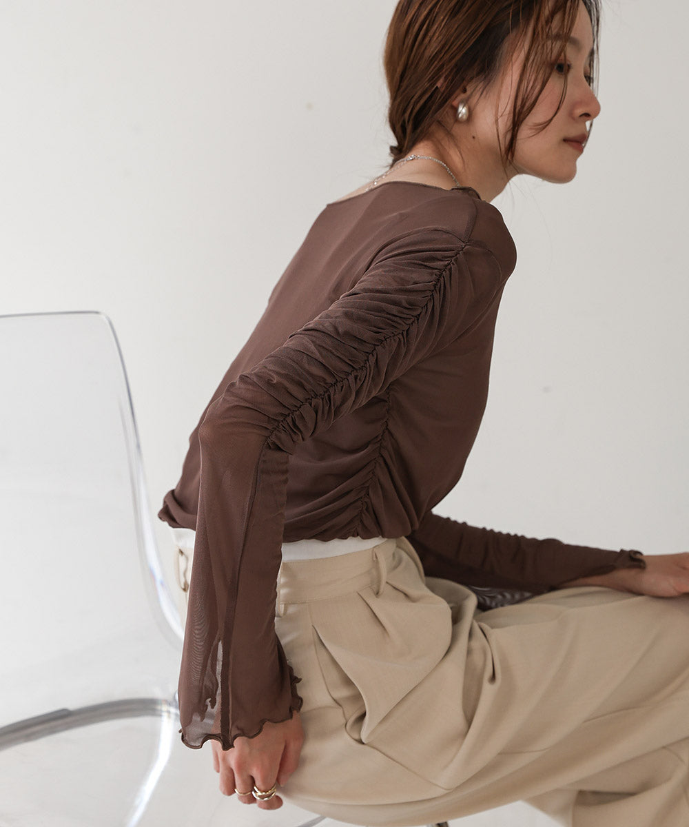 チュールギャザーフレアースリーブトップス