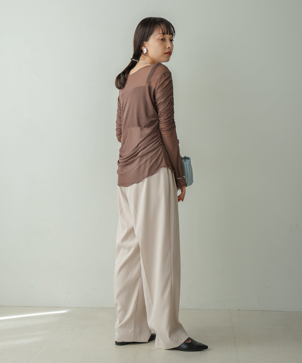 チュールギャザーフレアースリーブトップス