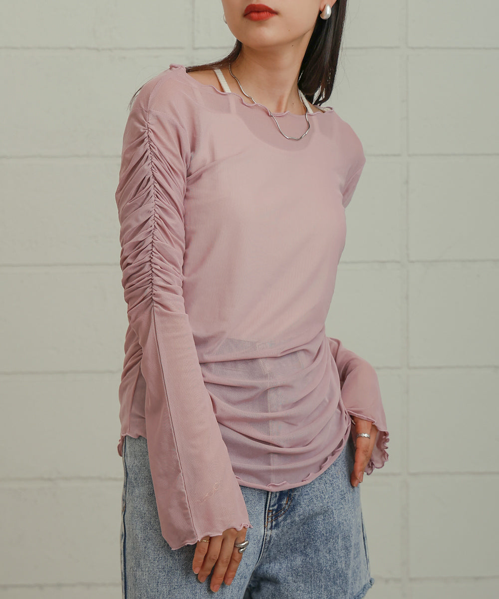 チュールギャザーフレアースリーブトップス