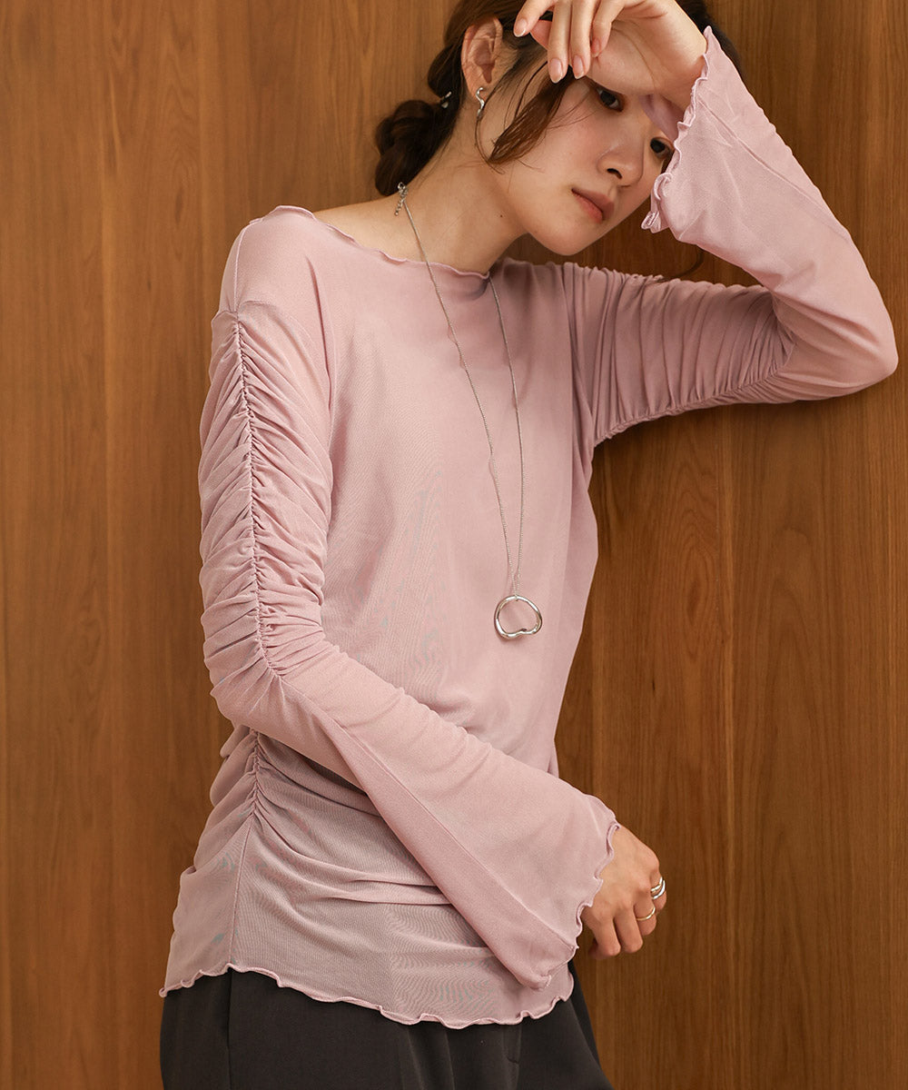 チュールギャザーフレアースリーブトップス