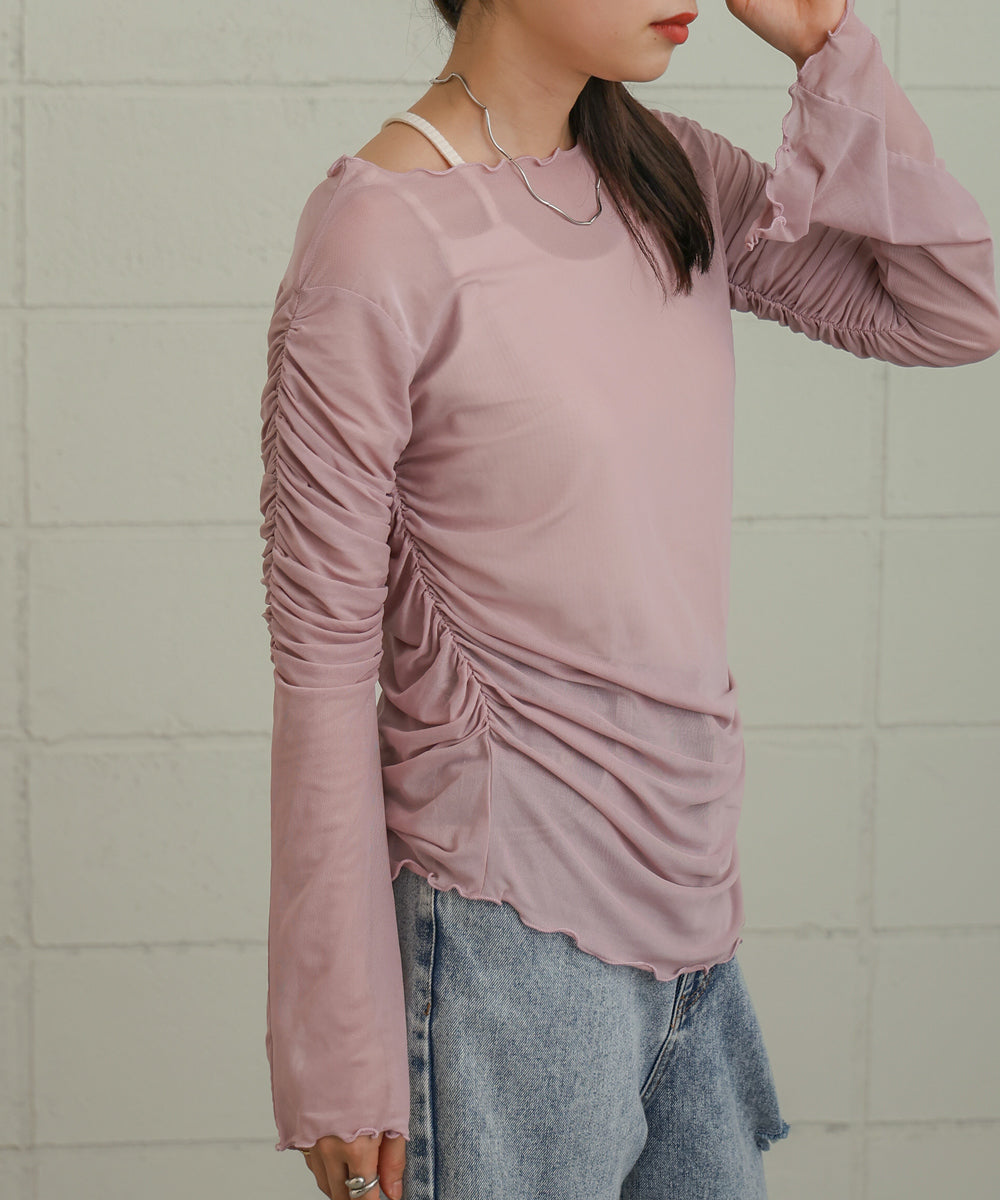 チュールギャザーフレアースリーブトップス