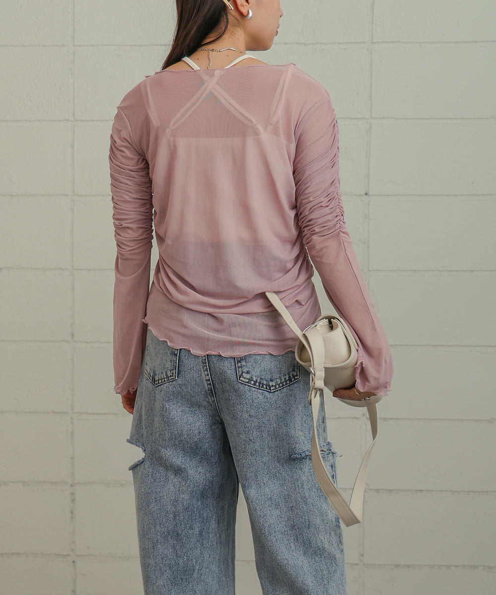 チュールギャザーフレアースリーブトップス