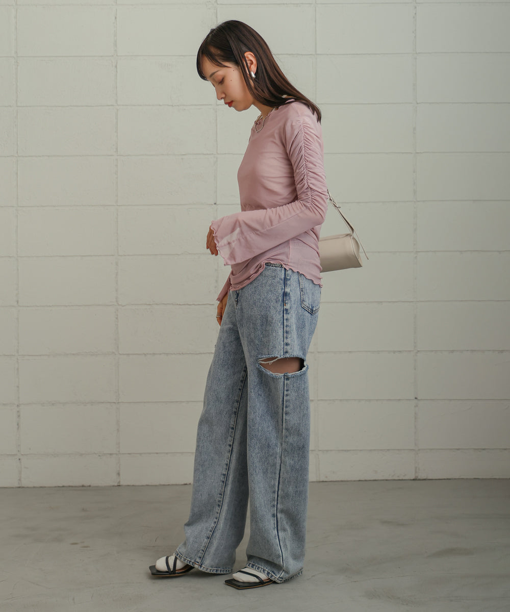 チュールギャザーフレアースリーブトップス